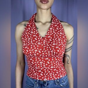 Red & White Floral Polka Dot Halter Top Womens Size S Cottage Core Coquette Soft